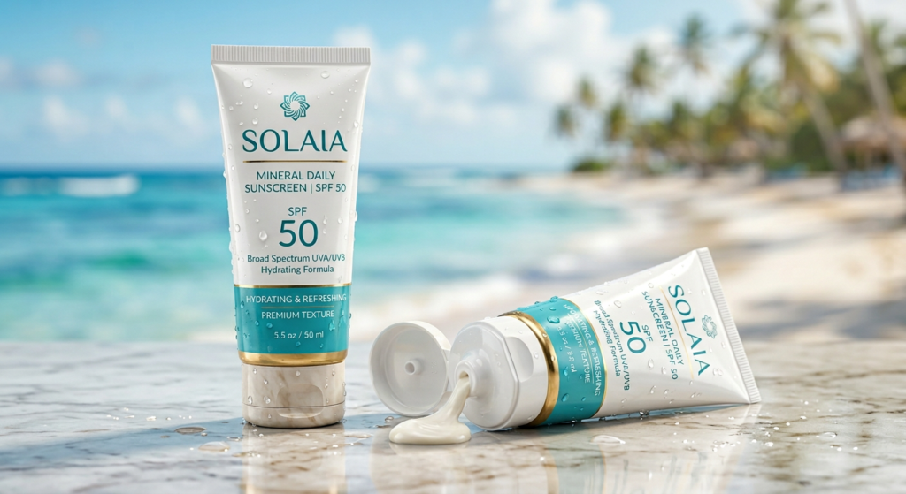 Premium sunscreen tubes with water droplets and sunscreen cream on a tropical summer background for sun protection and skincare