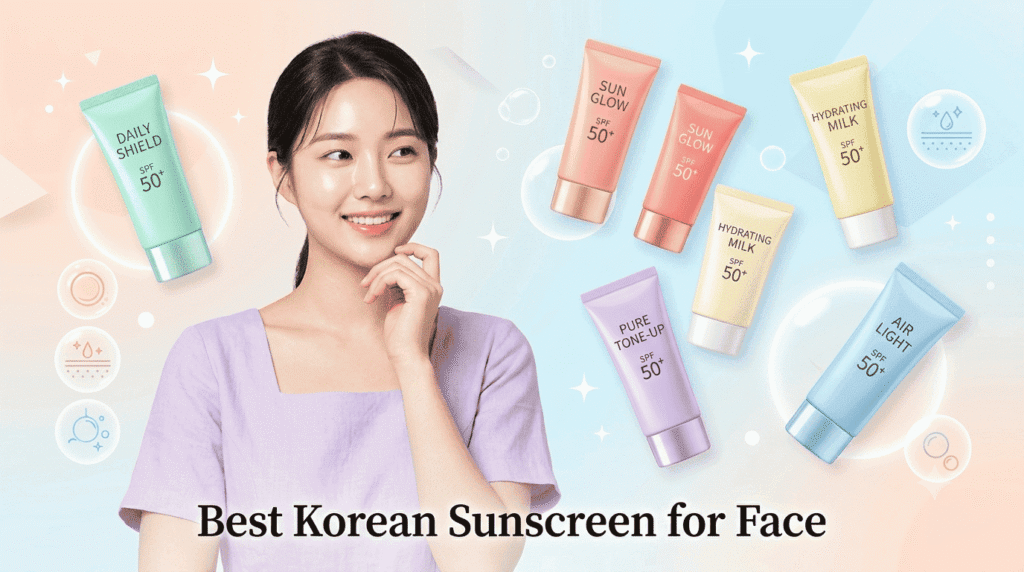 image showing a young woman with glowing skin surrounded by Korean sunscreen products, representing the best Korean sunscreens for daily facial sun protection.
