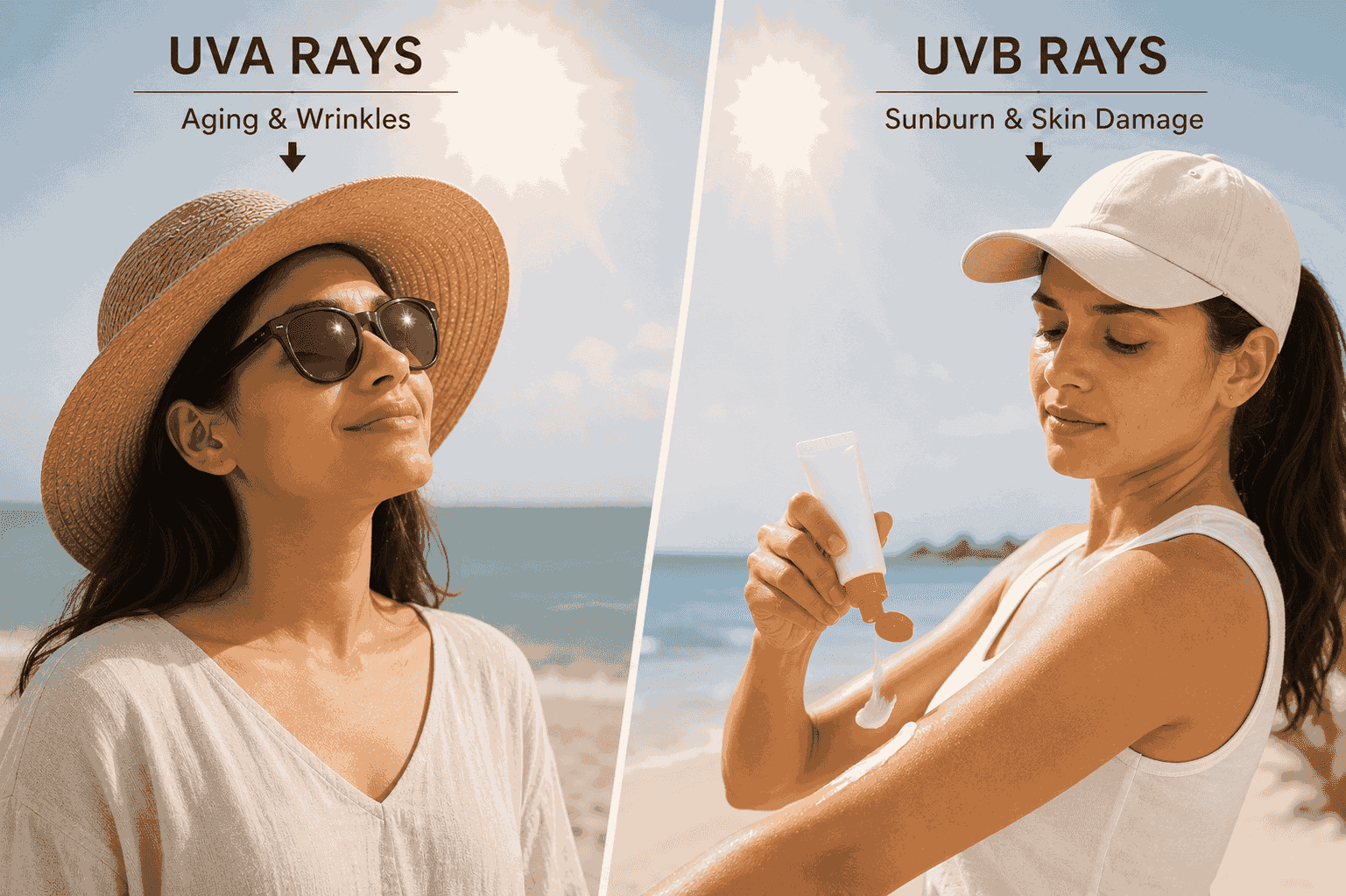 Infographic comparing UVA vs UVB rays, showing differences in skin aging, sunburn, penetration depth, and sun protection