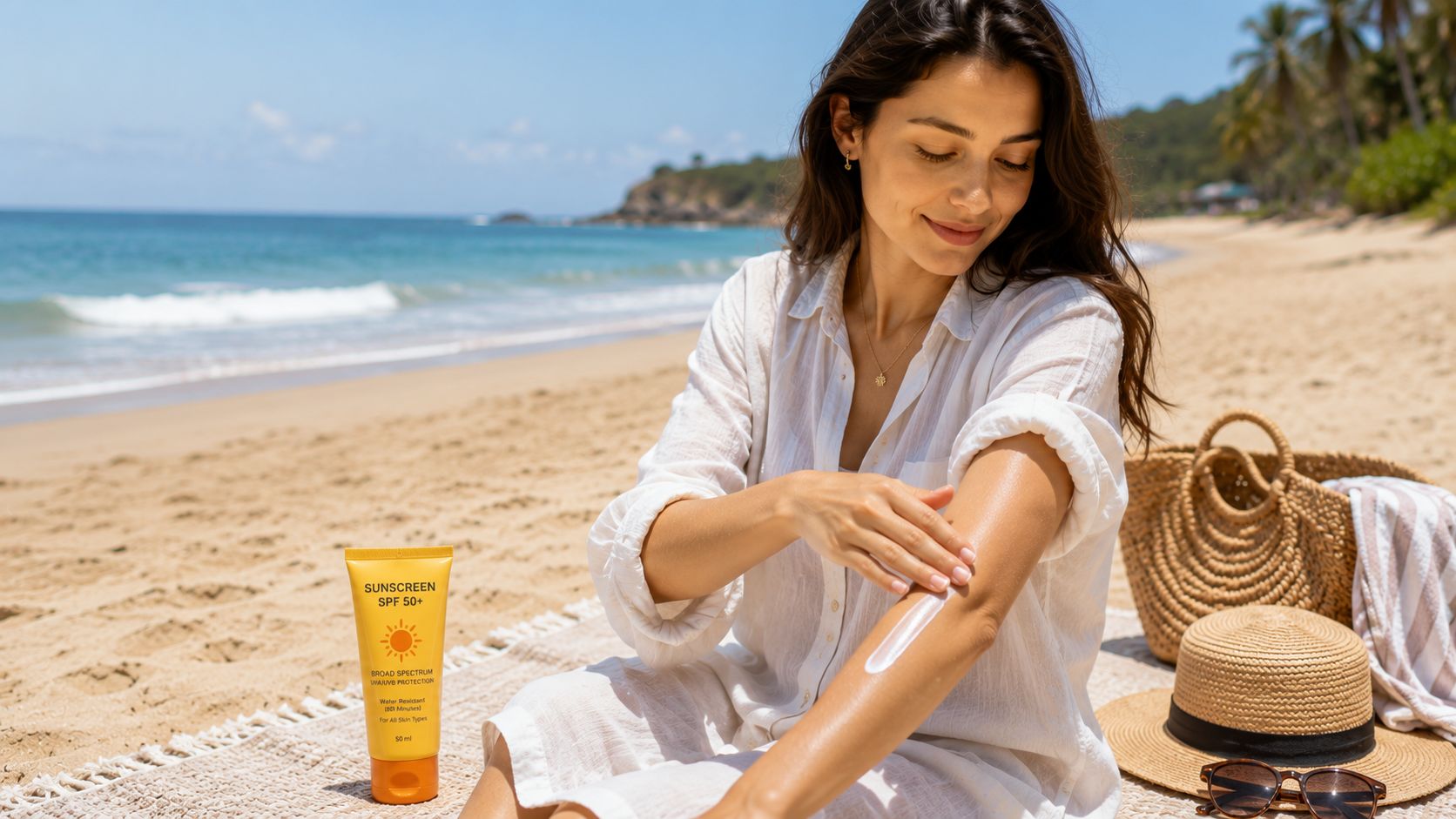 Woman applying sunscreen to her arm while sitting on a sandy beach with SPF sunscreen beside her.