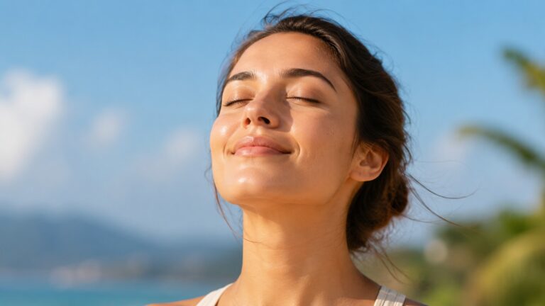 Woman enjoying sunlight outdoors with healthy glowing skin representing daily sunscreen protection