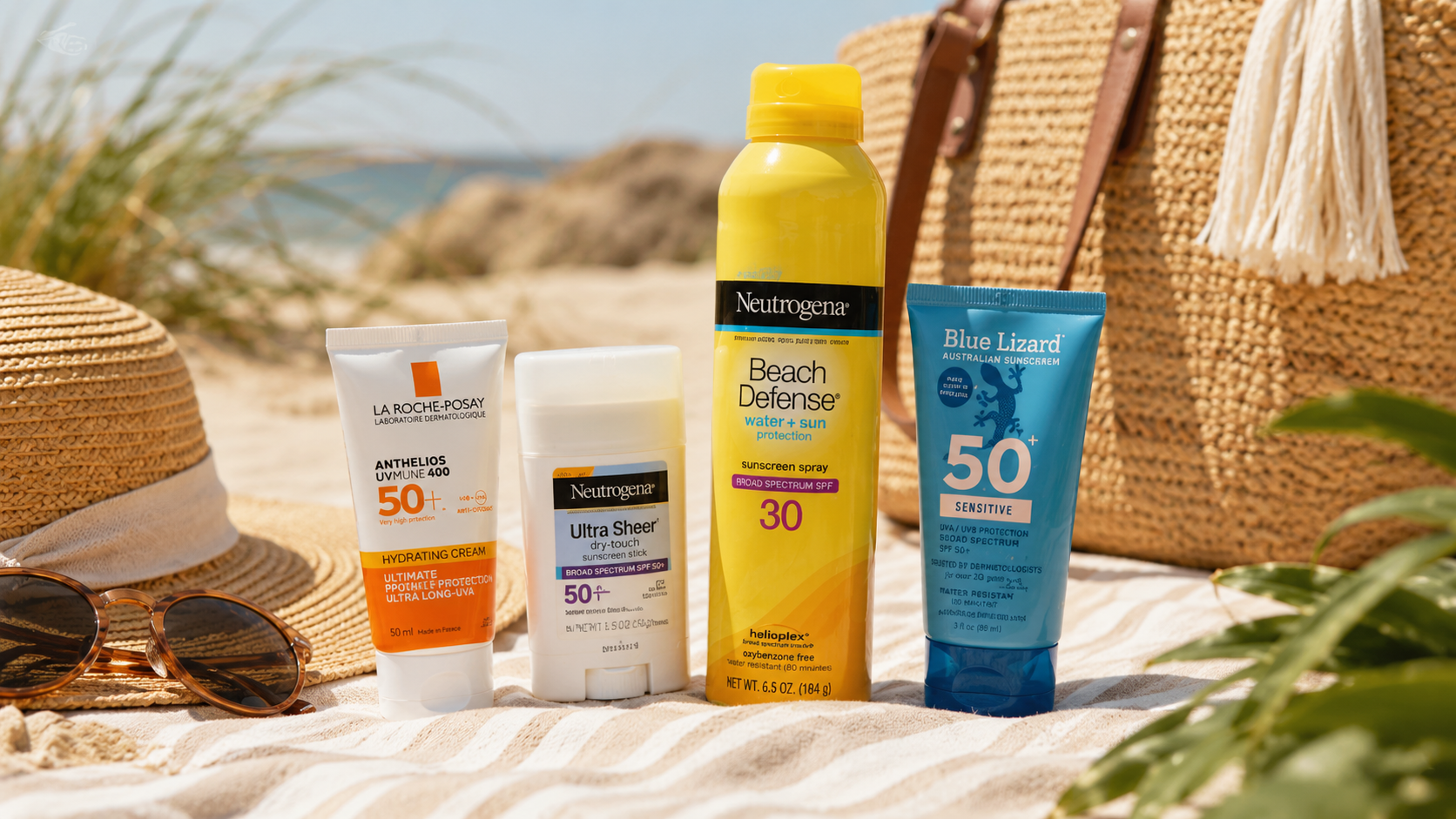 Collection of sunscreen products displayed on a sandy beach with a straw hat, sunglasses, and beach bag under bright summer sunlight.