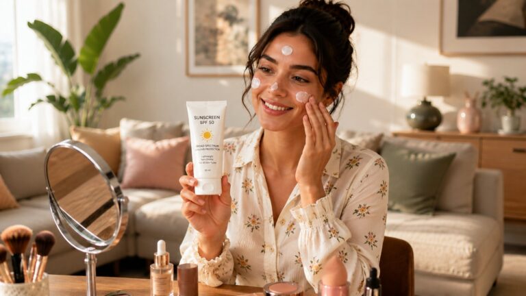 Woman checking her skin in a mirror before applying sunscreen after moisturizer as part of a daily morning skincare routine.