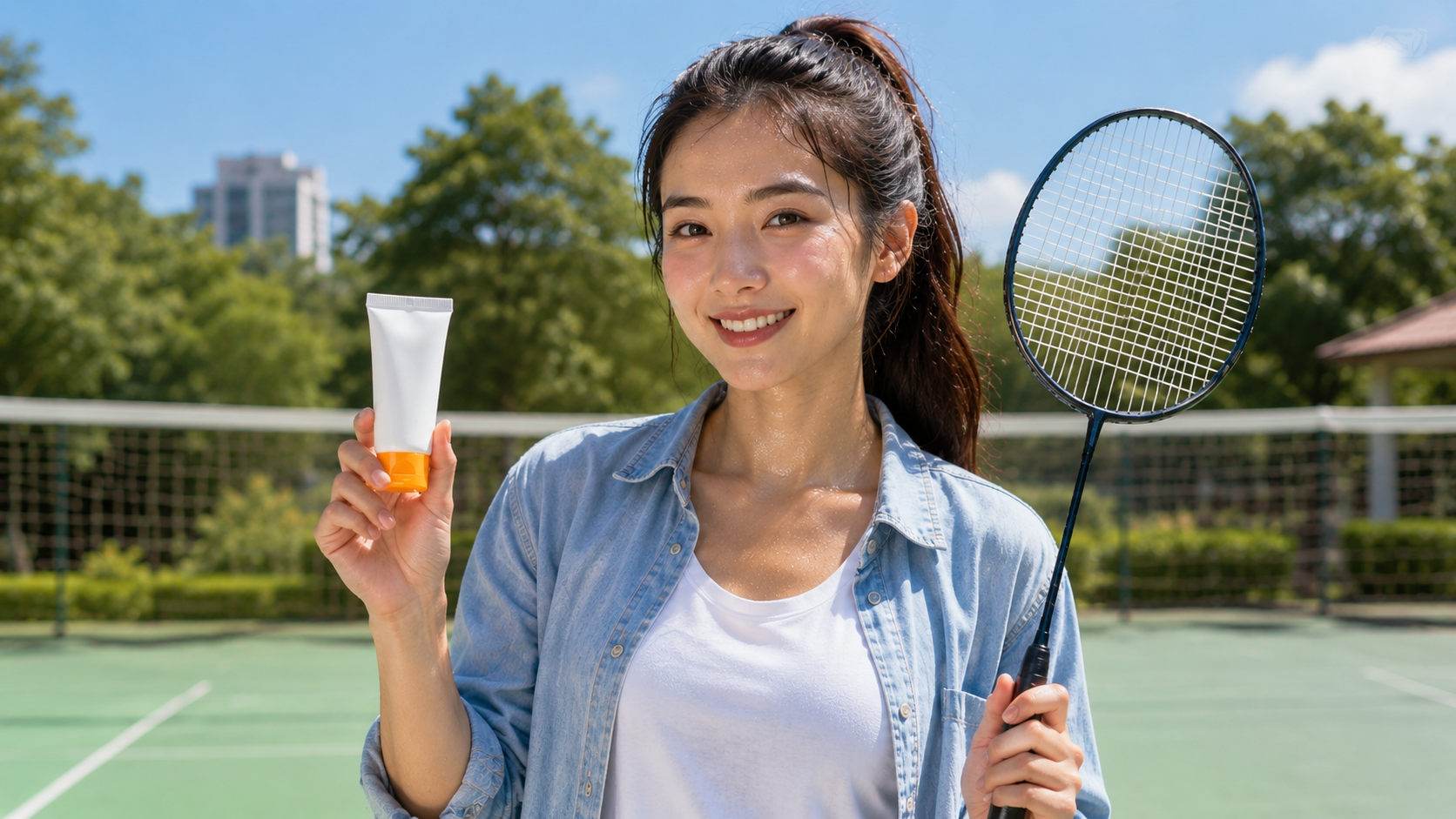 Person applying sweat proof sunscreen for face before outdoor activity in sunny weather