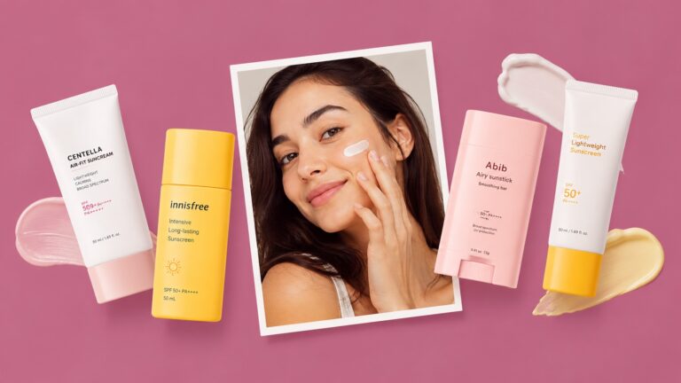 Three sunscreen products surrounding a woman applying sunscreen to her face on a pink background