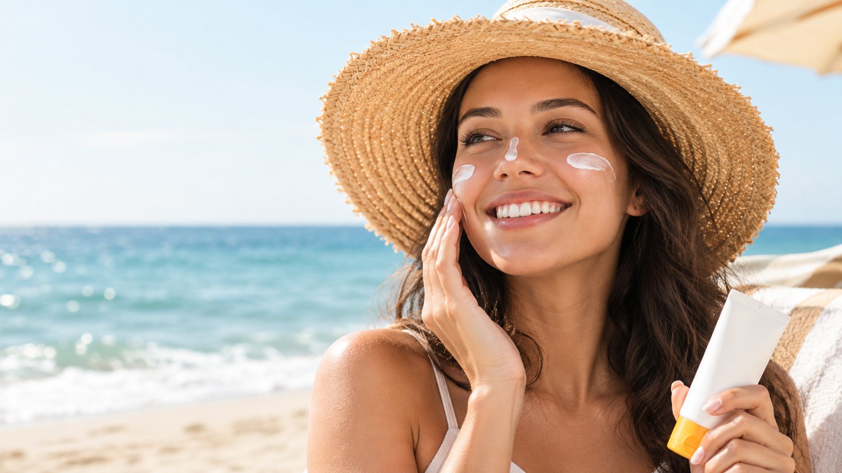 Woman applying sunscreen on her face at the beach, highlighting sunscreen for hyperpigmentation