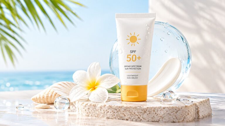 Daily sunscreen routine with SPF 50+ sunscreen on a bright beach-inspired skincare setup