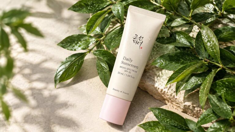 Beauty of Joseon sunscreen tube surrounded by green leaves