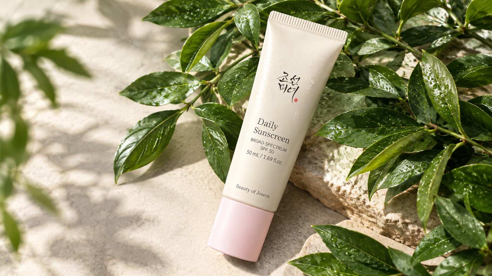 Beauty of Joseon sunscreen tube surrounded by green leaves